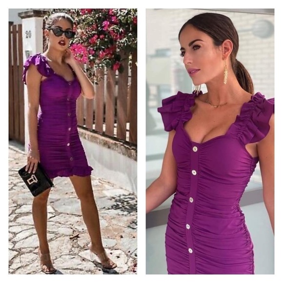 NWT ZARA Purple Button Front Draped Ruffle Mini Dress XS Blogger Favorite - Picture 1 of 12